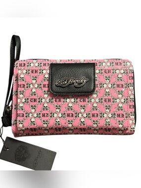 NWT•Ed Hardy Pink Skull Pattern Wallet/Wristlet with Black Logo Flap pocket